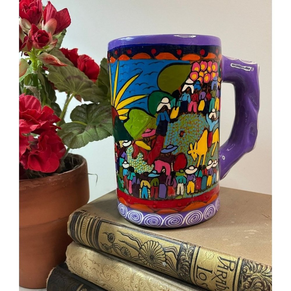 Isidoro Signed Mexican Hand Painted Folk Art Storytelling Red Clay MUG Stein